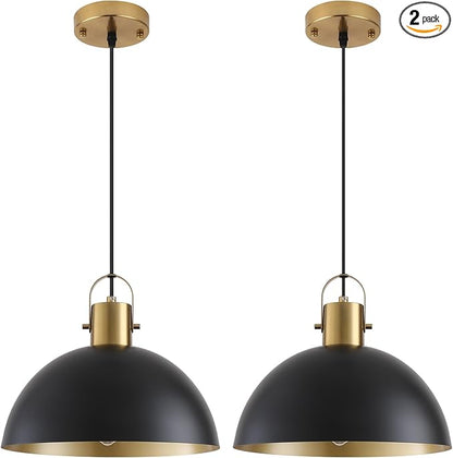 Black and Gold Pendant Light 2 Pack, 11.8 Inch Pendant Lights Kitchen Island, Black Dome Pendant Lights, Island Pendant Light for Kitchen, Dining Room, Living Room