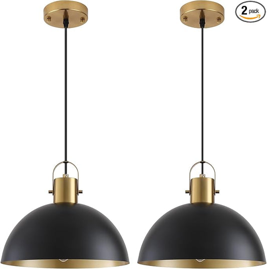 Black and Gold Pendant Light 2 Pack, 11.8 Inch Pendant Lights Kitchen Island, Black Dome Pendant Lights, Island Pendant Light for Kitchen, Dining Room, Living Room