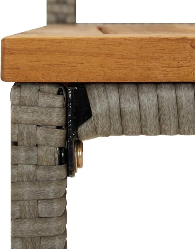 Modern Grey Poly Rattan Bar Stool Set of 2 with Acacia Wood Accents and Footrests for Indoor Outdoor Dining
