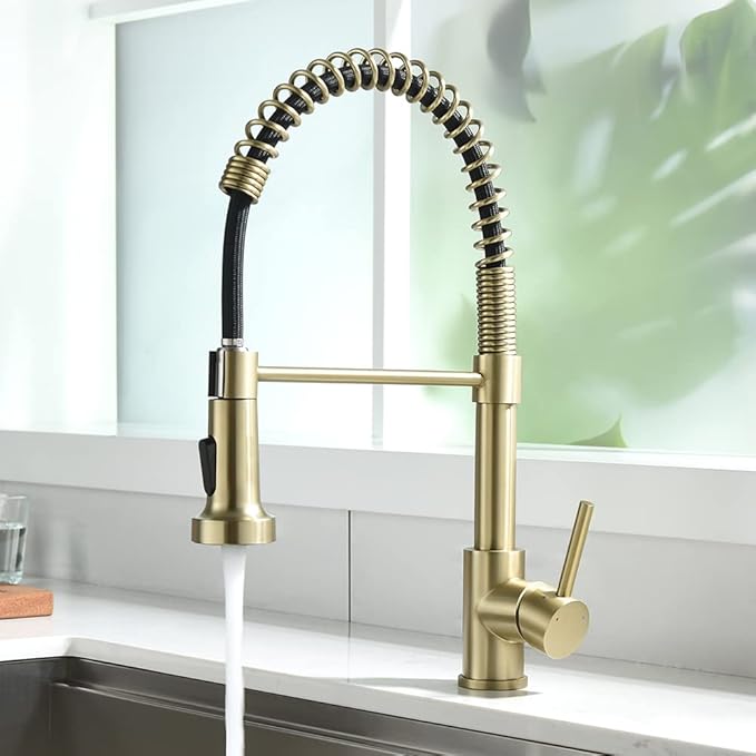 OWOFAN Kitchen Faucet, Kitchen Faucets with Pull Down Sprayer Sus304 Stainless Steel Industrial Single Handle One Hole Faucet for Farmhouse Camper Laundry Utility Rv Wet Bar Sinks Bushed Gold 9009J