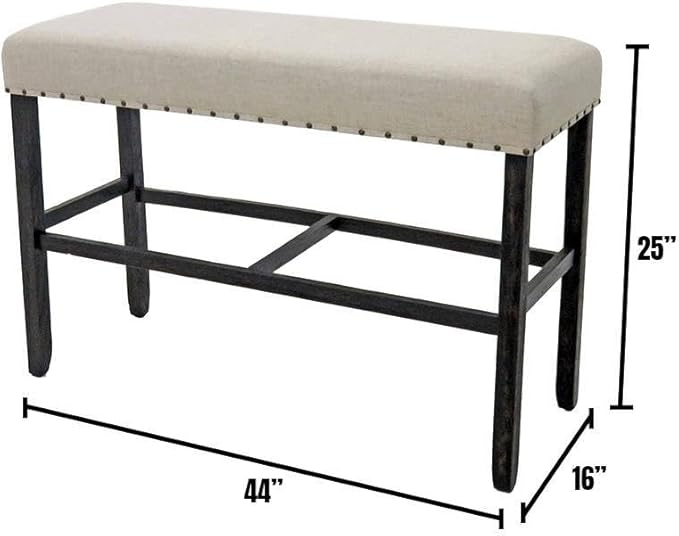 Rustic Farmhouse Counter Height Bench, Beige Linen & Antique Black Nailhead Trim - Solid Wood Dining Room Bench for Kitchen Island
