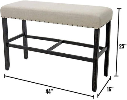 Rustic Farmhouse Counter Height Bench, Beige Linen & Antique Black Nailhead Trim - Solid Wood Dining Room Bench for Kitchen Island