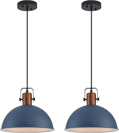 12 Inch Blue Pendant Lights Hammered Matte Pendant Lights for Kitchen Island Industrial Farmhouse Adjustable Height Dome Hanging Light Fixtures for Barn, Dining Room 2 Packs