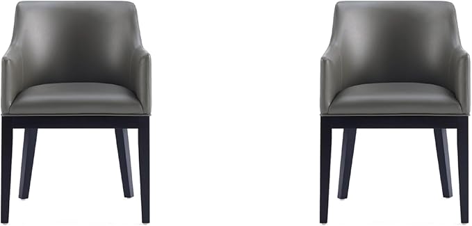 Manhattan Comfort Gansevoort Modern Faux Leather Dining Chair with Arms, Leatherette Upholstery on Solid Beech Wood Frame, Accent Furniture for Kitchen Table or Office, Set of 2, Pebble Grey