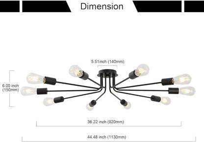 10 Lights Ceiling Light Vintage Metal Semi Flush Mount Light Ceiling Lamp Black Chandelier Lighting Fixture for Living Room Dining Room Kitchen Hallway Cafe