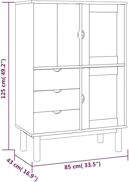 Solid Pine Wood Highboard, Brown and White Buffet Cabinet with Drawers, 33.5 x 16.9 x 49.2 Inch Tall Storage Cabinet for Living Room, Rustic Furniture Kitchen Furnitur