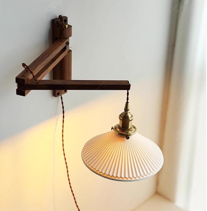 Retro Plug in Wall Sconces Japanese Style Ceramic Folding Lamp Wall Lights Wood Rotating Fixture Brass Base E26 Screw Wall Lighting (waxwood)
