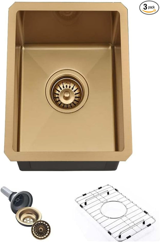 Gold Bar Sink Undermount,Wesliv 12x16 Inch Small Bar Sink Gold Undermount Kitchen Sinks Wet Bar Prep 16 Gauge Stainless Steel Single Bowl Rv Sinks with Bottom Grid