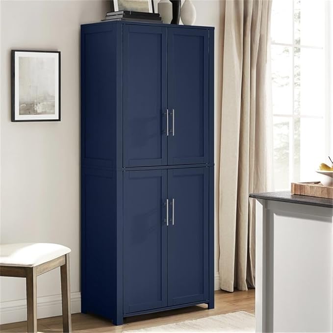 Pemberly Row Traditional Wood Kitchen Storage Pantry, Navy Finish, MDF and Birch Veneer, 67" H x 28" W x 15" D, Adjustable Shelves, Shaker-Style Doors, Brushed Nickel Hardware, Home and Kitchen
