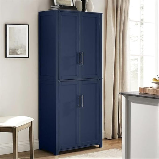 Pemberly Row Traditional Wood Kitchen Storage Pantry, Navy Finish, MDF and Birch Veneer, 67" H x 28" W x 15" D, Adjustable Shelves, Shaker-Style Doors, Brushed Nickel Hardware, Home and Kitchen