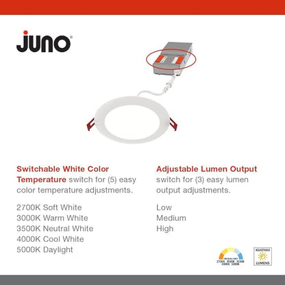 Juno LED Recessed Lights 4 Inch Round Baffle Wafer Downlight, 5-in-1 Switchable White Color Temperature, Adjustable Brightness, 120 Volts, 4-Inch Flat Trim, Matte White | (Pack of 12)