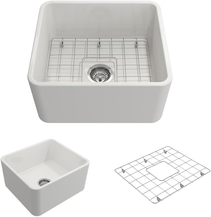 BOCCHI Classico Farmhouse Apron Front Fireclay 20 in. Single Bowl Kitchen Sink with Protective Bottom Grid and Strainer in White