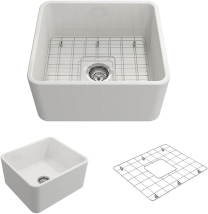 BOCCHI Classico Farmhouse Apron Front Fireclay 20 in. Single Bowl Kitchen Sink with Protective Bottom Grid and Strainer in White