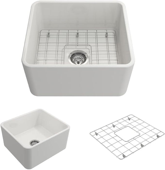 BOCCHI Classico Farmhouse Apron Front Fireclay 20 in. Single Bowl Kitchen Sink with Protective Bottom Grid and Strainer in White