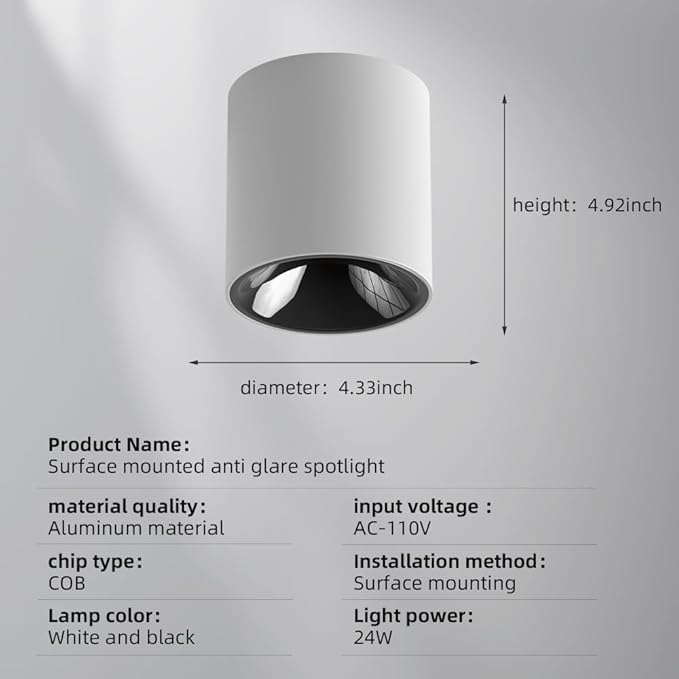 JAYMP Modern LED Ceiling Light 4000K Dimmable 24W COB White Surface Mount Cylinder Accent Down Light for Living Room Hallway Laundry Room