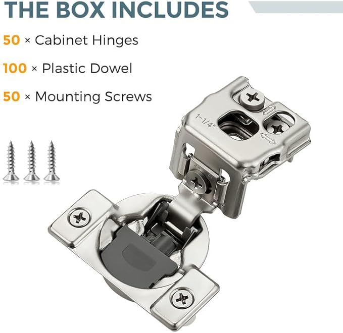 HOME EDIT 50 Pack 25 Pairs 1-1/4 inch Overlay Soft Close Cabinet Hinges for Kitchen, Stainless Steel Three-Way Adjustable, Concealed Self-Closing Door Hinges
