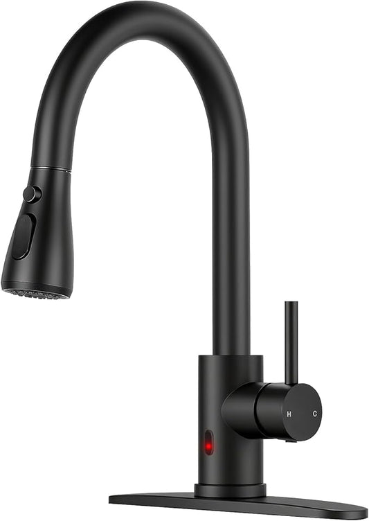 Touchless Kitchen Faucet with Pull Down Sprayer - Matte Black Single Handle Kitchen Faucets, High Arc Stainless Steel Pull Out Kitchen Sink Faucet with Deck for RV Laundry Farmhouse Bar
