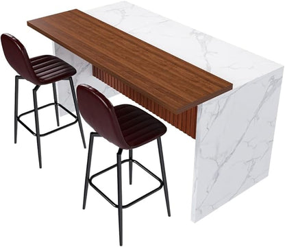 63 Inch Kitchen Island with 4 Deep Brown Bar Stools – White Marble Countertop, Integrated LED Lighting & Grille Design, Multi-Functional Breakfast Bar for Dining Rooms, (White+2dark Brown)