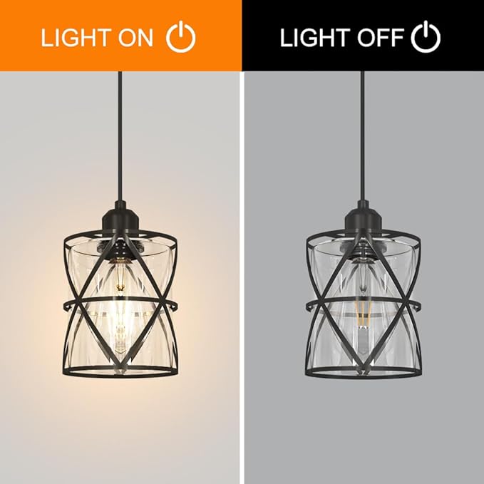 DSMJFU 2 Pack Black Pendant Lights, Modern Clear Glass Adjustable Hanging Lighting for Kitchen Island Bedroom Bathroom Entryway Hallway, E26 Base Ceiling Pendant Light Fixtures