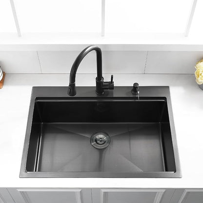 30 Drop in Black Stainless Steel Kitchen Sink, Luckyhorse 30x22 Inches 16 Gauge Nano Black Stainless Steel Single Bowl Topmount Workstation Kitchen Sink LH006SB