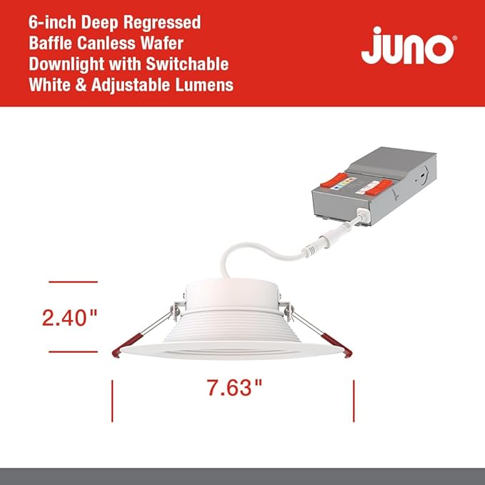 Juno LED Recessed Lights 6 Inch Round Wafer Downlight, 5-in-1 Switchable White Color Temperature, Adjustable Brightness, Deep Regressed Baffled Trim, 6-Inch, Matte White, 6-Pack