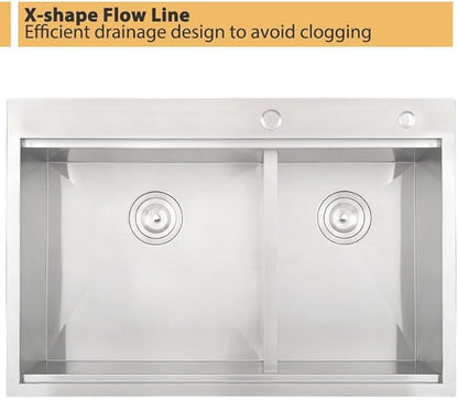 33 Inch Double Bowl Drop In Kitchen Sink Workstation-Bokaiya 33x22 Stainless Steel 60/40 Double Bowl Kitchen Sink 16 Gauge Deep Low Divide Double Sink with Cutting Board
