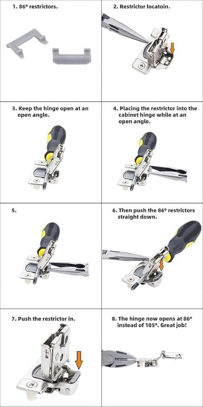 (Decobasics ONLY) Cabinet Restrictor Clips (40 Pack)- 86° Degree Angle Cabinet Door Hinge Restrictor Clip for Soft Close Hinge-90° Opening Kitchen Soft Close Cabinet Hinges Restraints Restriction Clip