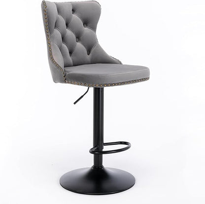 Rhomtree Velvet Swivel Bar Stools Upholstered Bar Stool with Button Tufted Back and Pull Ring Height Adjustable Barstools 25-33 Inch for Home Pub and Kitchen Island (Gray with Black Base, Set of 6)