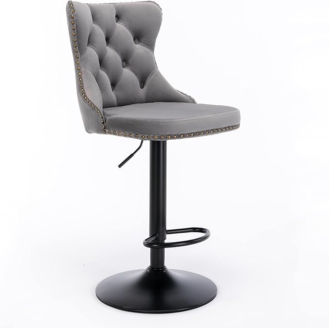 Swivel Velvet Bar stools Adjusatble Seat Height from 25 33 Inch,17.7 inch Base, Upholstered Bar Stools with Backs Comfortable Tufted for Home Pub and Kitchen Island,Gray,Set of 2