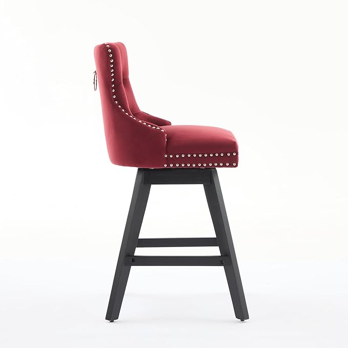 Swivel Velvet Bar Stools Set of 2 Wine Red | 360° Swivel Counter Chairs with Button Tufting, Padded Foam and Spring Seat, Curved Back Support, Solid Rubber Wood Legs for Kitchen Island