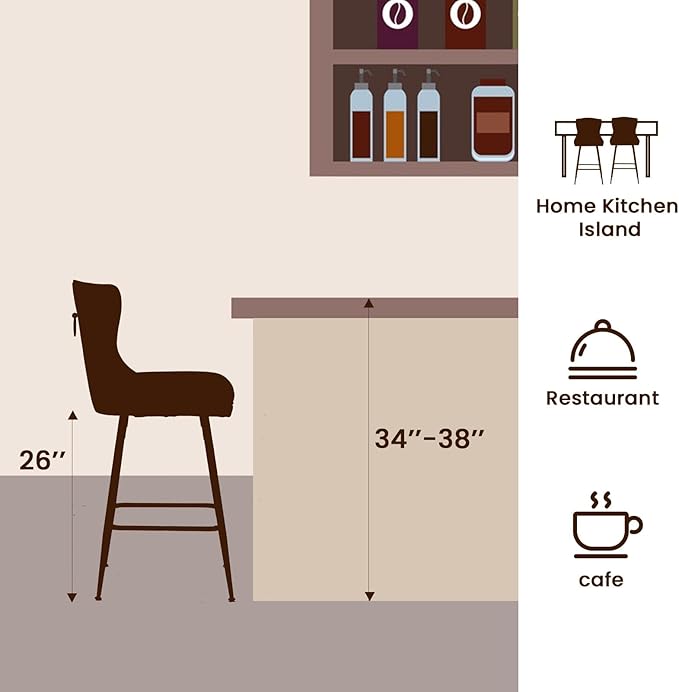 Luxurious Velvet Counter Height Bar Stools Set of 2 with Metal Legs, Button Tufted, Nailheads Trim, Wing-Back Bar Chairs for Kitchen Island Dining Room Pub(Black)