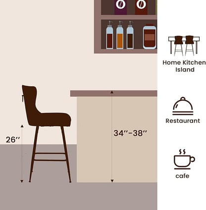 Luxurious Velvet Counter Height Bar Stools Set of 2 with Metal Legs, Button Tufted, Nailheads Trim, Wing-Back Bar Chairs for Kitchen Island Dining Room Pub(Black)