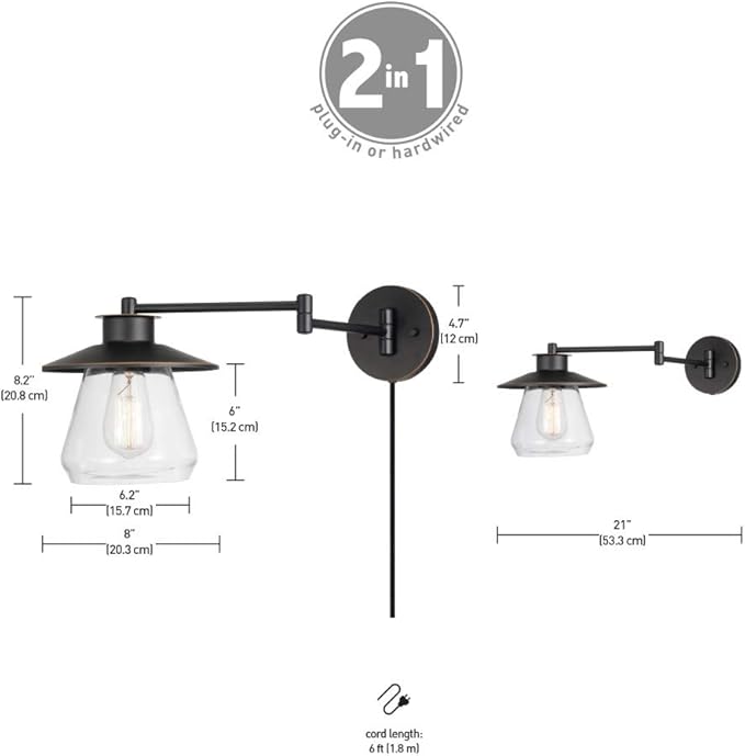 Globe Electric 51543 Nate 1-Light Plug-in or Hardwire Swing Arm Wall Sconce, Oil Rubbed Bronze, Clear Glass Shade, 6ft Black Fabric Covered Cord, Inline On/Off Rocker Switch, Bulb Not Included