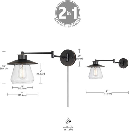 Globe Electric 51543 Nate 1-Light Plug-in or Hardwire Swing Arm Wall Sconce, Oil Rubbed Bronze, Clear Glass Shade, 6ft Black Fabric Covered Cord, Inline On/Off Rocker Switch, Bulb Not Included