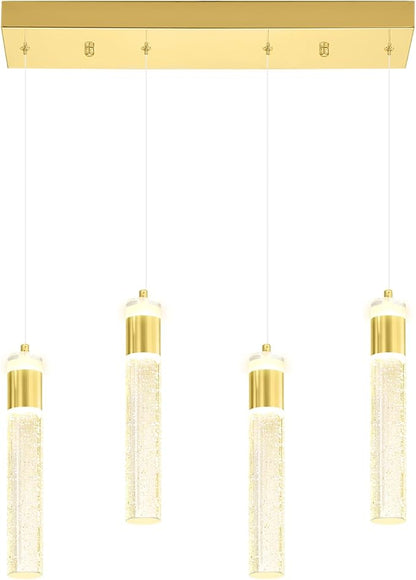 4-Light Gold Pendant Lights Kitchen Island Modern LED Dimmable Gold Crystal Column Ceiling Light for Dinning Room Living Room 32W
