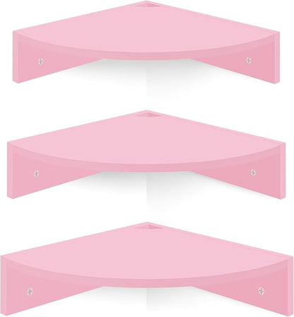 Homode Corner Shelf Wall Mount, Set of 3 Corner Floating Shelves with Cable Hole, 3 Tier Wood Corner Hanging Shelves, Living Room Bedroom Bathroom, Pink
