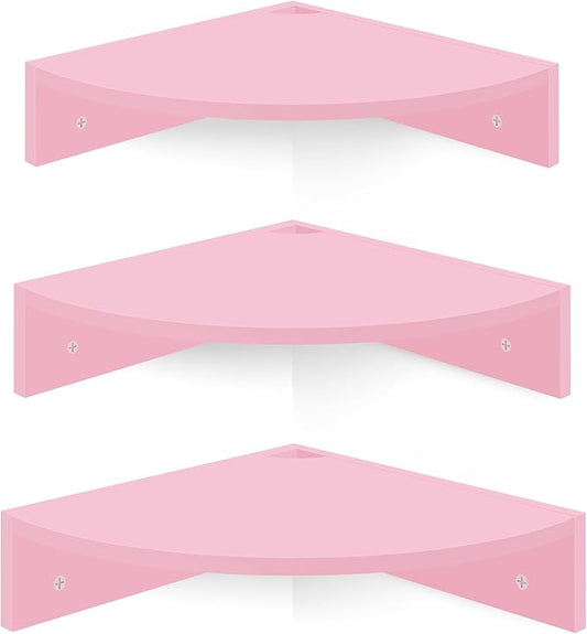 Homode Corner Shelf Wall Mount, Set of 3 Corner Floating Shelves with Cable Hole, 3 Tier Wood Corner Hanging Shelves, Living Room Bedroom Bathroom, Pink