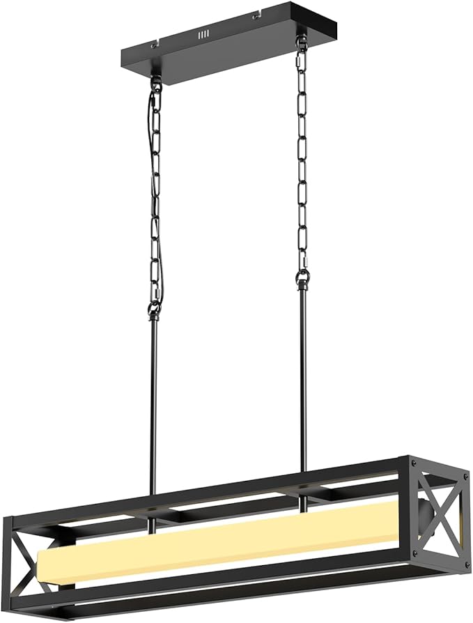 31.5" Farmhouse Kitchen Island Lighting, Black Rectangular Chandeliers for Dining Room Light Fixture, 30W LED Dimmable Linear Pendant Light for Kitchen Island Over Table with Remote