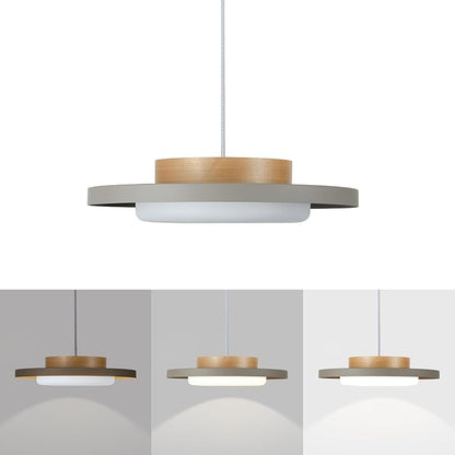 Modern Pendant Lights,15 inch,Real Wood Cap,3000K/Warm White/22W Dimmable,LED Pendant Light Fixtures for Kitchen, Dining Room, Living Room,Gray