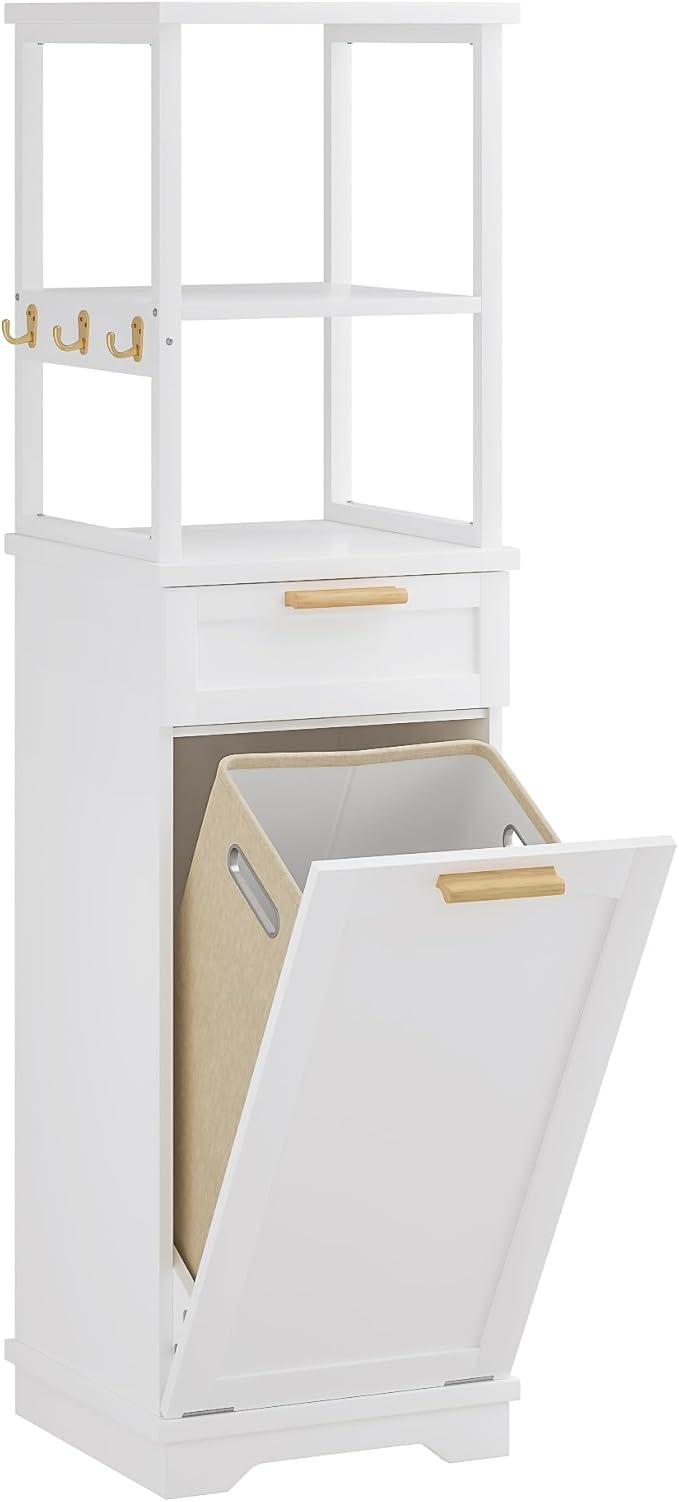 VECELO Bathroom Cabinet with Removable Basket, Tall Tilt Out Laundry Hamper with 2-Tier Open Shelves, 1 Drawer and 3 Side Hooks for Storage, White