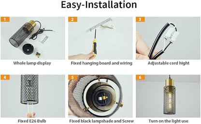 Modern Pendant Light Fixtures, Gold Cylinder Pendant Lapms with Iron Mesh, Adjustable Metal Ceiling Hanging Light Fixture for Kitchen Island Dining Room Entryway Bar 1-Light
