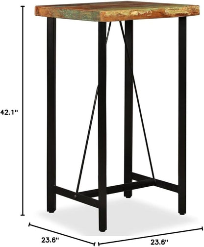 Multicolored Reclaimed Wood Bar Table for Dining, Kitchen, and Home Bar Spaces, with Sturdy Black Steel Legs