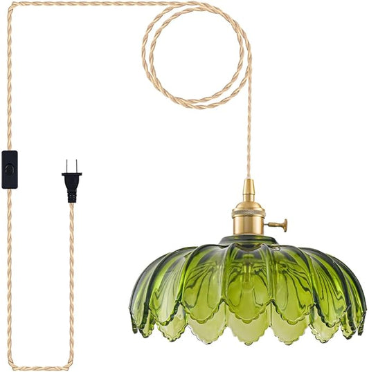 Plug in Pendant Light Fixtures, Hanging Light Fixture Glass Pendant Light, Vintage Green Hanging Lamp, Pendant Lighting for Kitchen Island, Bedroom, Dining Room, Living Room
