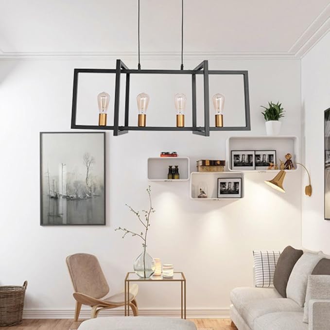 Modern Black Farmhouse Chandeliers Dining Room Light Fixture, Linear Rectangular Kitchen Island Lighting, Industrial Vintage Pendant Lighting with 4-Light Socket Height Adjustable