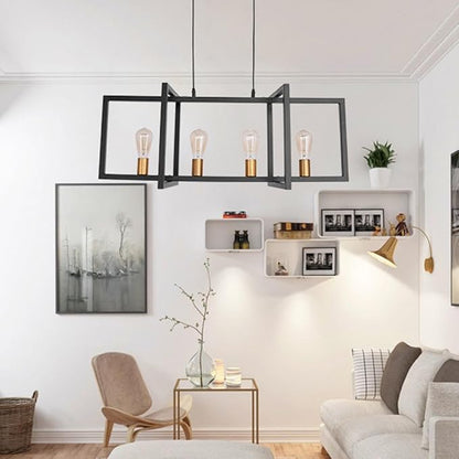 Modern Black Farmhouse Chandeliers Dining Room Light Fixture, Linear Rectangular Kitchen Island Lighting, Industrial Vintage Pendant Lighting with 4-Light Socket Height Adjustable