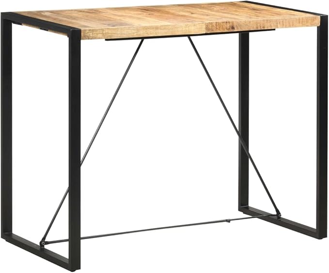Industrial Bar Table with Solid Mango Wood Top and Steel Legs, Large 55.1 Inch Length for Dining Room and Kitchen, Modern Industrial Style Furniture with Robust Structure