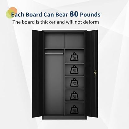 72in Heavy Duty Steel Wardrobe Cabinet with Lock, Metal Garage Storage Cabinets with Adjustable Shelves & Hanging Rod, Metal Cabinet Storage for Home, Bedroom, Office, Closet