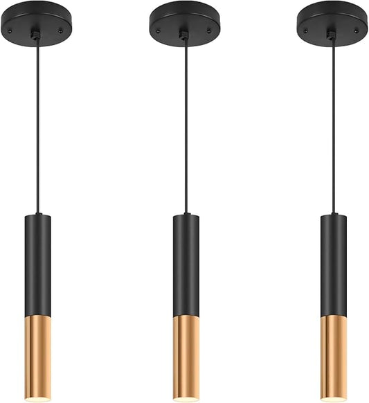 Modern Black Pendant Light Fixture for Kitchen Island, 1-Light Pendant Lighting, Lights Cord Adjustable, Matching GU10 lamp Holder,for Living Room Bedroom Dining Room (Black&Gold-3Pack)