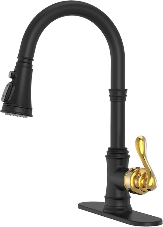 BWE Black Kitchen Faucet with Pull Down Sprayer and Gold Single Handle High Arc 3 Spray Modes Commercial Kitchen Sink Faucet Solid Brass with 10" Deck Plate for Kitchen Sink 1 or 3 Holes