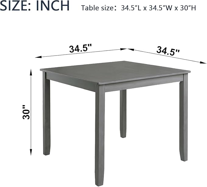BROVAVE 34" Solid Wood Dining Table, Island Table with Square Top, Rustic Dining Tables with Sturdy Base for Kitchen, Gray